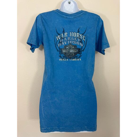 Harley-Davidson War Horse Ocala Florida Blue V-Neck Graphic Tee Size M - Picture 3 of 7